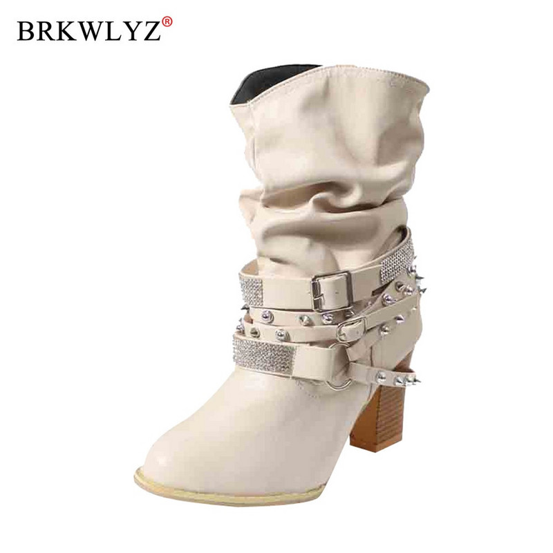 Čizme s kopčom na remen Ženske jesenske zimske retro PU kožne sjajne zakovice Polučizme na petu Zimske cipele Ženske Botines Mujer 2022