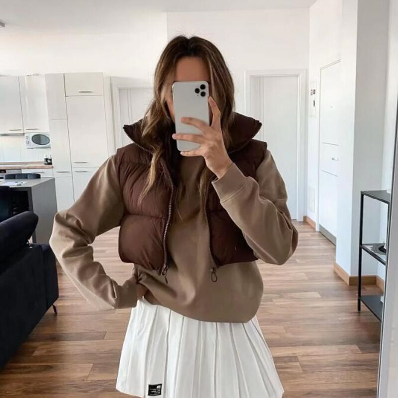 Sieviešu modes īss, apgriezts veste bez piedurknēm Sieviešu Parka Ikdienas virsdrēbes Silta Veste ar rāvējslēdzēju Sieviešu veste Šiki sieviešu topi