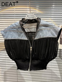 DEAT novi jesenski modni ženski prsluk s okruglim izrezom bez rukava od mrežastog trapera u kontrastnoj boji kratki top Ženski ulični WW77205L