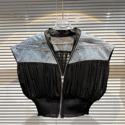 DEAT novi jesenski modni ženski prsluk s okruglim izrezom bez rukava od mrežastog trapera u kontrastnoj boji kratki top Ženski ulični WW77205L