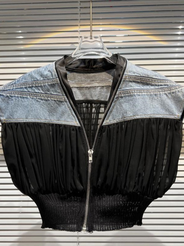 DEAT novi jesenski modni ženski prsluk s okruglim izrezom bez rukava od mrežastog trapera u kontrastnoj boji kratki top Ženski ulični WW77205L