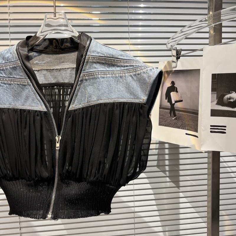 DEAT novi jesenski modni ženski prsluk s okruglim izrezom bez rukava od mrežastog trapera u kontrastnoj boji kratki top Ženski ulični WW77205L