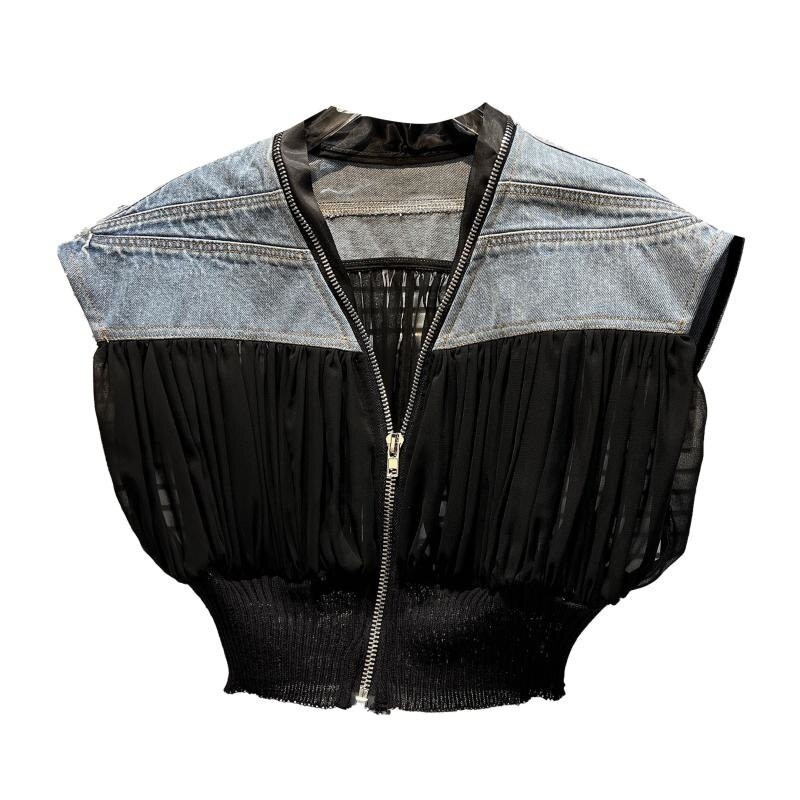 DEAT novi jesenski modni ženski prsluk s okruglim izrezom bez rukava od mrežastog trapera u kontrastnoj boji kratki top Ženski ulični WW77205L