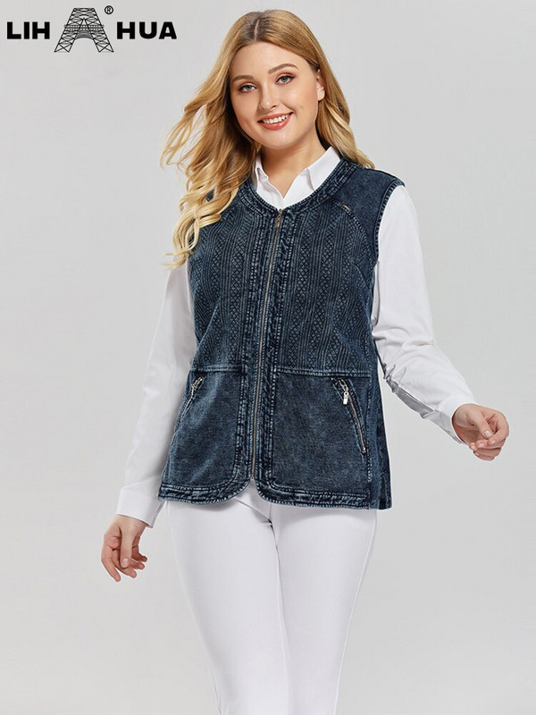 LIH HUA sieviešu lielizmēra veste, pavasarīga, augstas elastības rāvējslēdzējs, kokvilnas adīta ikdienas modes veste