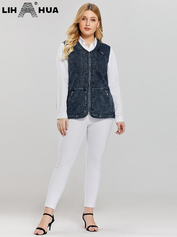 LIH HUA sieviešu lielizmēra veste, pavasarīga, augstas elastības rāvējslēdzējs, kokvilnas adīta ikdienas modes veste