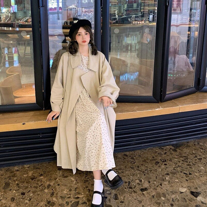 Trench Sieviešu brīvā laika brīvs Universāls Y2K Jauniešu Modes Vējjakas Vienkrāsu Virsdrēbes Eleganta britu klasiska divrindu