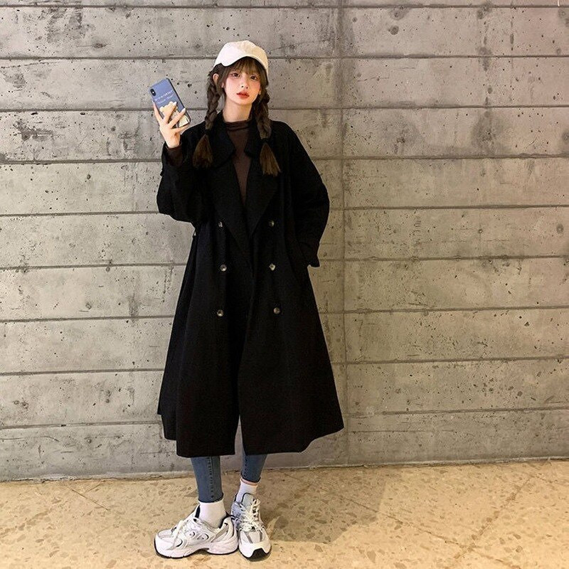 Trench Sieviešu brīvā laika brīvs Universāls Y2K Jauniešu Modes Vējjakas Vienkrāsu Virsdrēbes Eleganta britu klasiska divrindu