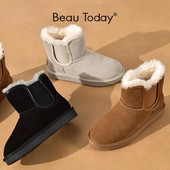 BeauToday Snow Boots Γυναικείες Παιδικές Suede Δερμάτινες Μπότες Chelsea Elastic Band Γυναικεία οδοντωτή σόλα Χειμερινά ζεστά γούνινα παπούτσια χειροποίητα 08029