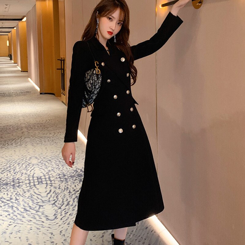 Elegants biroja sieviešu mētelis, gara žakete, žakete, melns, vienkāršs divrindu plāns, retro sieviešu formāls uzvalks Mujer virsdrēbes vējjaka