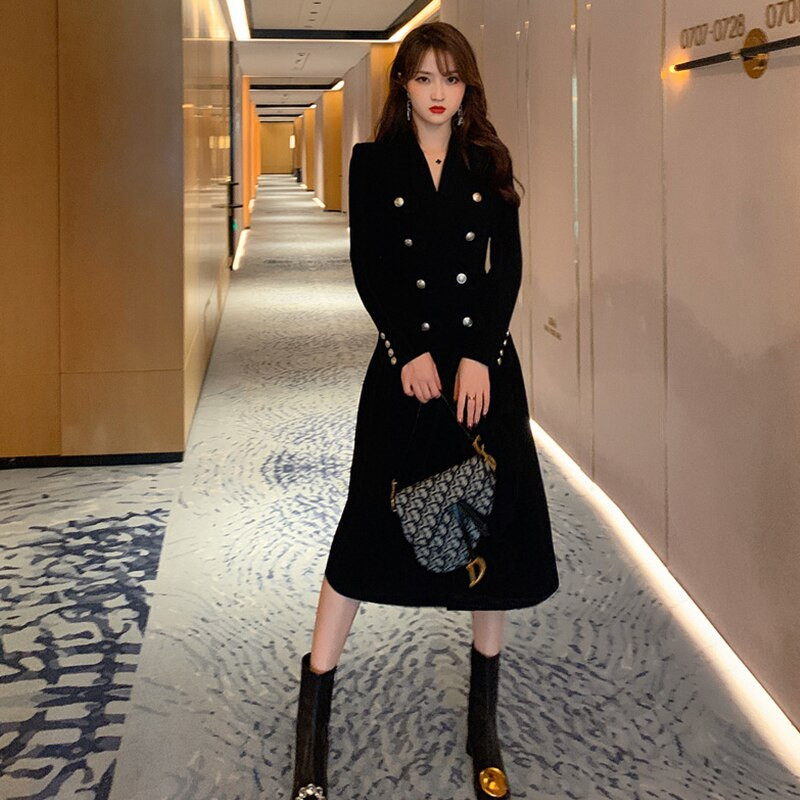 Elegants biroja sieviešu mētelis, gara žakete, žakete, melns, vienkāršs divrindu plāns, retro sieviešu formāls uzvalks Mujer virsdrēbes vējjaka