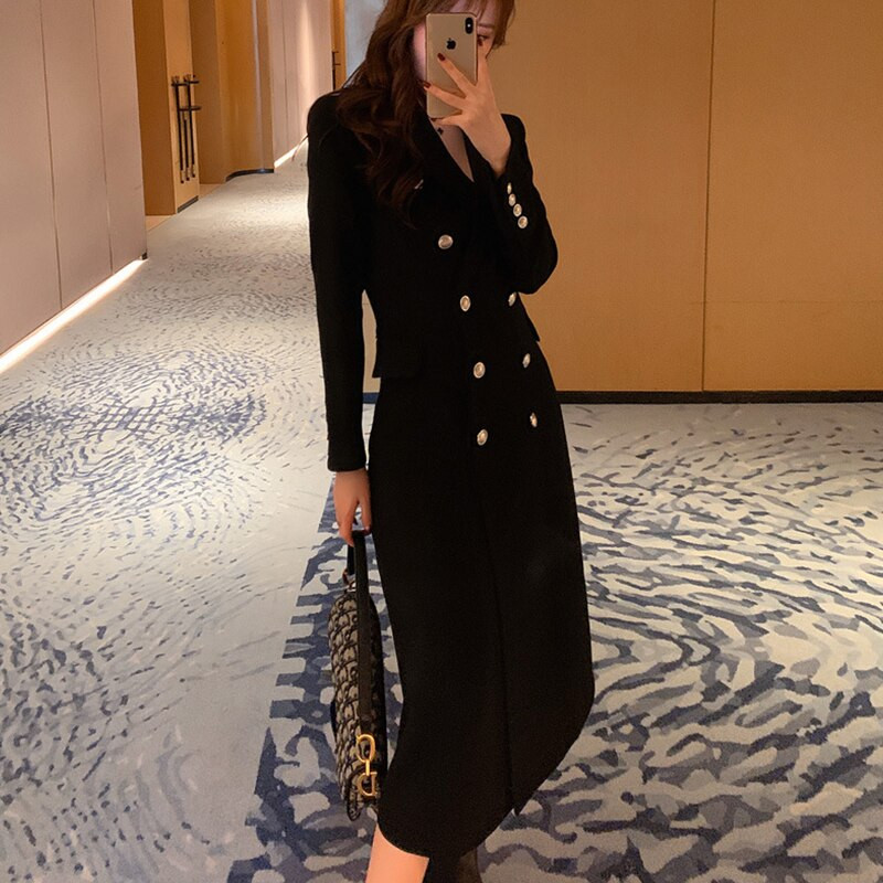Elegants biroja sieviešu mētelis, gara žakete, žakete, melns, vienkāršs divrindu plāns, retro sieviešu formāls uzvalks Mujer virsdrēbes vējjaka