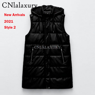 CNlalaxury Novi prsluci od PU kože Ženska moda Jesen Zima Jakna s džepovima s kapuljačom Kaputi Elegantna crna parka Gornja odjeća Ženske dame