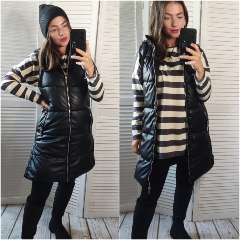 CNlalaxury Novi prsluci od PU kože Ženska moda Jesen Zima Jakna s džepovima s kapuljačom Kaputi Elegantna crna parka Gornja odjeća Ženske dame