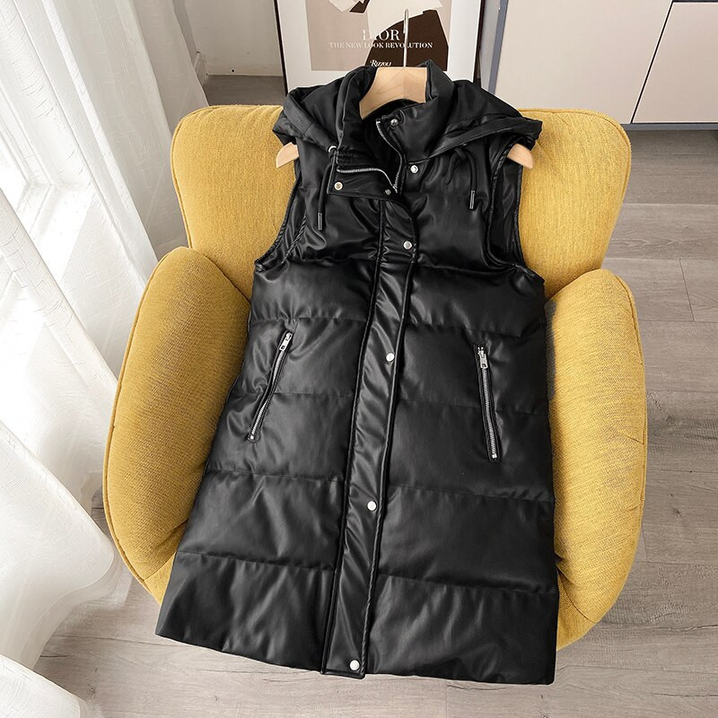 CNlalaxury Novi prsluci od PU kože Ženska moda Jesen Zima Jakna s džepovima s kapuljačom Kaputi Elegantna crna parka Gornja odjeća Ženske dame