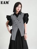[EAM] Sieviešu brīvi pieguļošs melns rūtains neregulāra apakšmala ikdienas veste jauna V veida apkakle bez piedurknēm modes plūdmaiņas 2022. gada pavasara vasara 1DE8294