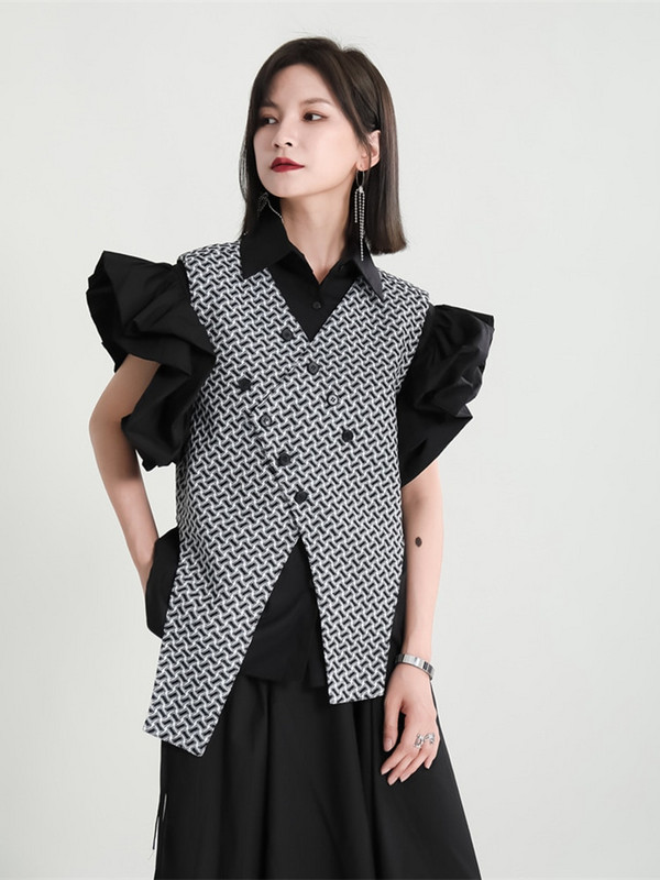 [EAM] Sieviešu brīvi pieguļošs melns rūtains neregulāra apakšmala ikdienas veste jauna V veida apkakle bez piedurknēm modes plūdmaiņas 2022. gada pavasara vasara 1DE8294