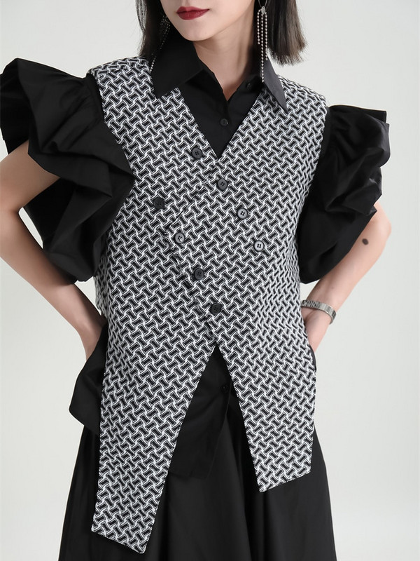 [EAM] Sieviešu brīvi pieguļošs melns rūtains neregulāra apakšmala ikdienas veste jauna V veida apkakle bez piedurknēm modes plūdmaiņas 2022. gada pavasara vasara 1DE8294