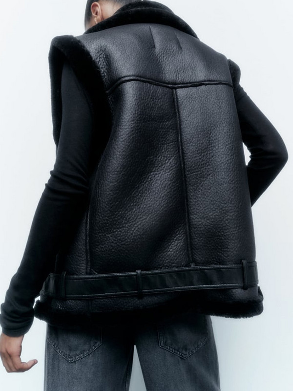 TRAF Ženska modna zimska jakna od umjetne kože 2022 Fleece lning Thicken Topla jakna Vintage PU ženski prsluk Chic Topovi