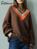 Ženski preveliki džemper Zima Jesen Bež V izrez Prugasti džemper Topli široki džemperi Vintage široki veste za žene