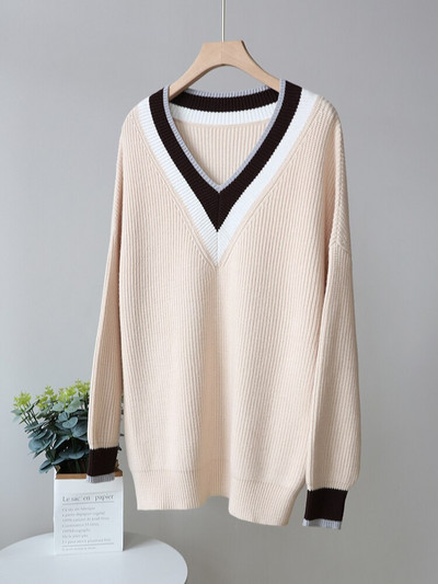 Ženski preveliki džemper Zima Jesen Bež V izrez Prugasti džemper Topli široki džemperi Vintage široki veste za žene