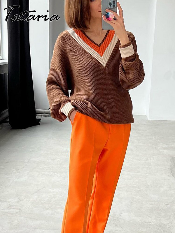 Ženski preveliki džemper Zima Jesen Bež V izrez Prugasti džemper Topli široki džemperi Vintage široki veste za žene