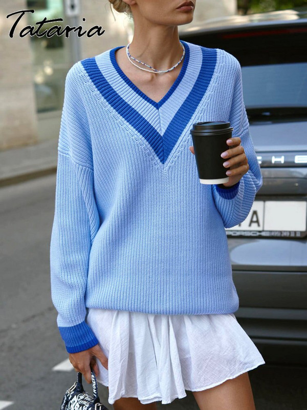 Ženski preveliki džemper Zima Jesen Bež V izrez Prugasti džemper Topli široki džemperi Vintage široki veste za žene