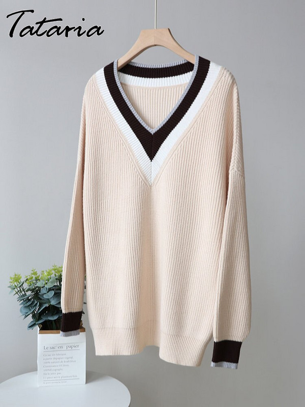 Ženski preveliki džemper Zima Jesen Bež V izrez Prugasti džemper Topli široki džemperi Vintage široki veste za žene