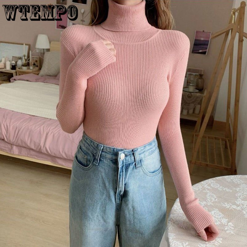 Džemperis ar bruņurupuču apkakli Seksīgs, šaurs džemperis Sieviešu garām piedurknēm šauri pieguļošs džemperis korejiešu modes Y2k topi Ikdienas trikotāžas pamata krekli