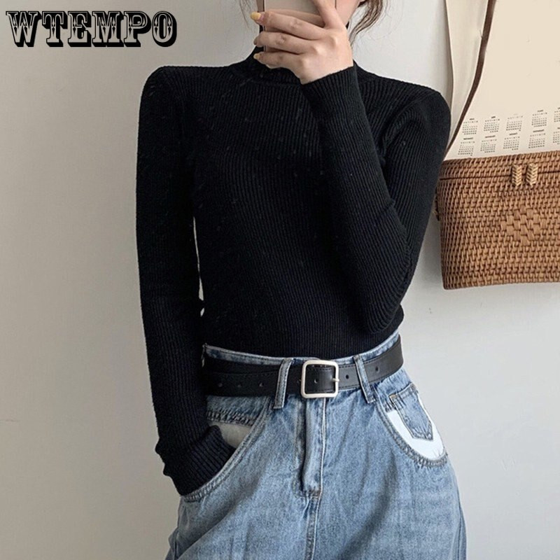 Džemperis ar bruņurupuču apkakli Seksīgs, šaurs džemperis Sieviešu garām piedurknēm šauri pieguļošs džemperis korejiešu modes Y2k topi Ikdienas trikotāžas pamata krekli