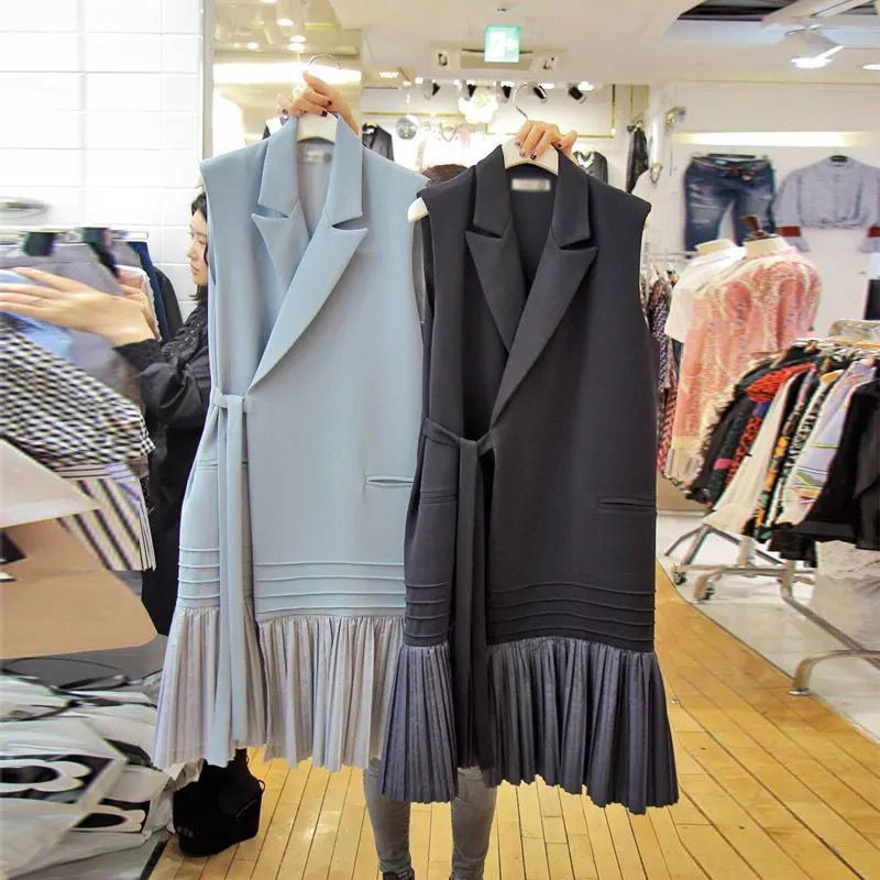 Κομψό γυναικείο γιλέκο σακάκι 2022 Άνοιξη Καλοκαίρι Νέο Κορεάτικο πλισέ αμάνικο μπουφάν Γυναικείο γιλέκο aq114