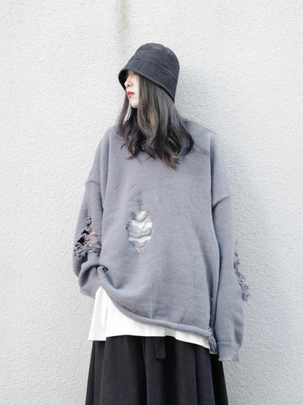 Tawaaiw gotikas iedobes sieviešu džemperis ar garām piedurknēm korejiešu stilā, brīvs rudens O kakla trikotāžas džemperis, sieviešu džemperis Y2k Chic