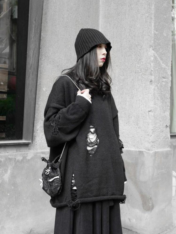 Tawaaiw gotikas iedobes sieviešu džemperis ar garām piedurknēm korejiešu stilā, brīvs rudens O kakla trikotāžas džemperis, sieviešu džemperis Y2k Chic