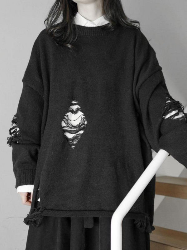 Tawaaiw gotikas iedobes sieviešu džemperis ar garām piedurknēm korejiešu stilā, brīvs rudens O kakla trikotāžas džemperis, sieviešu džemperis Y2k Chic