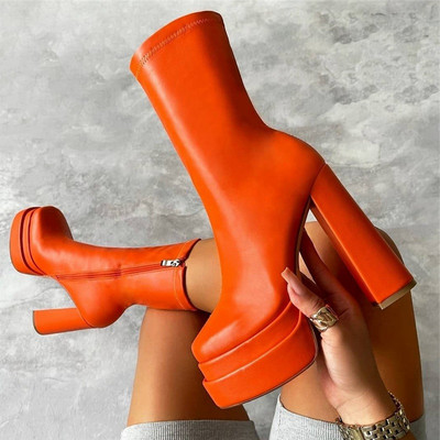 Nove jesenske ženske gležnjače Ženske seksi Pu cipele s visokom petom na platformu Jednobojno debelo dno Ženske modne kratke čizme s patentnim zatvaračem 2022.