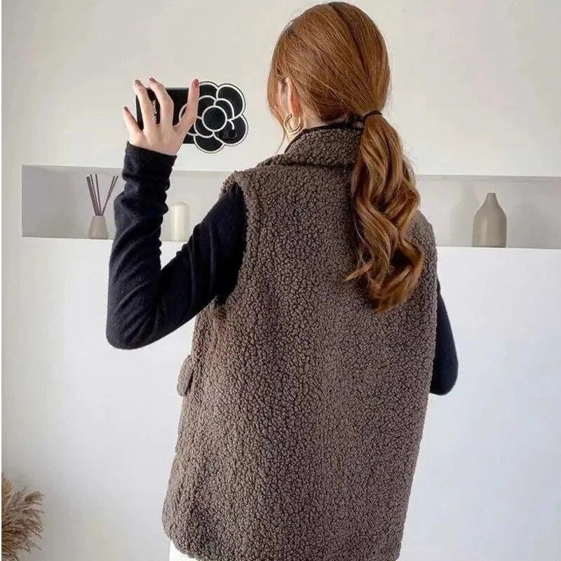 Sieviešu mākslīgās jēra gaļas vilnas veste Topi bez piedurknēm ziemas mētelis Gilet Femme korejiešu modes brūns jakas biezas Chaleco Mujer virsdrēbes