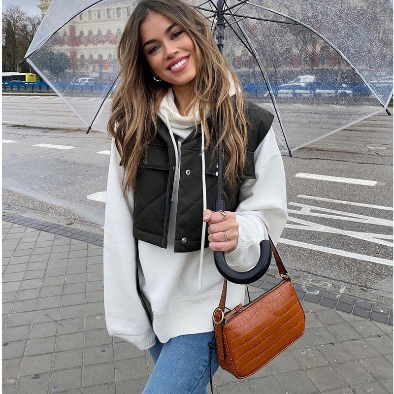 Γυναικείο γιλέκο Armygreen Streetwear Άνοιξη Za Fashion 2021 Γυναικεία μπουφάν Αμάνικα τσέπες με φιόγκο έξω από Mujer Chic παλτό