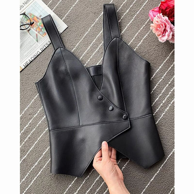 Γυναικεία μόδα Street PU ψεύτικο δερμάτινο γιλέκο ακανόνιστο στρίφωμα μονό στήθος γιλέκο Vintage αμάνικο γυναικεία κομψά μπλουζάκια