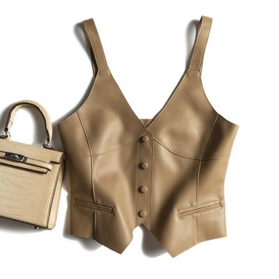 Γυναικεία μόδα Street PU ψεύτικο δερμάτινο γιλέκο ακανόνιστο στρίφωμα μονό στήθος γιλέκο Vintage αμάνικο γυναικεία κομψά μπλουζάκια