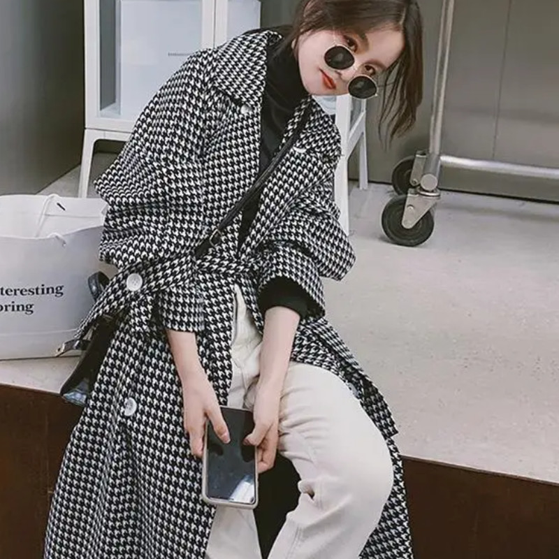 Modni ženski dugi karirani trenč kaput za jesen 2021. Novi dolasci kaputi na pojas