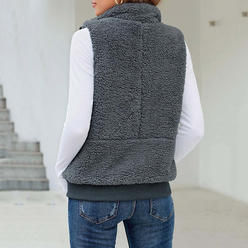 Γυναικεία γιλέκα Sherpa Fleece Φθινόπωρο Χειμώνας Ζεστό γούνινο παλτό από ψεύτικη γούνα με τσέπες με φερμουάρ Αμάνικο τεχνητό μάλλινο γιλέκο
