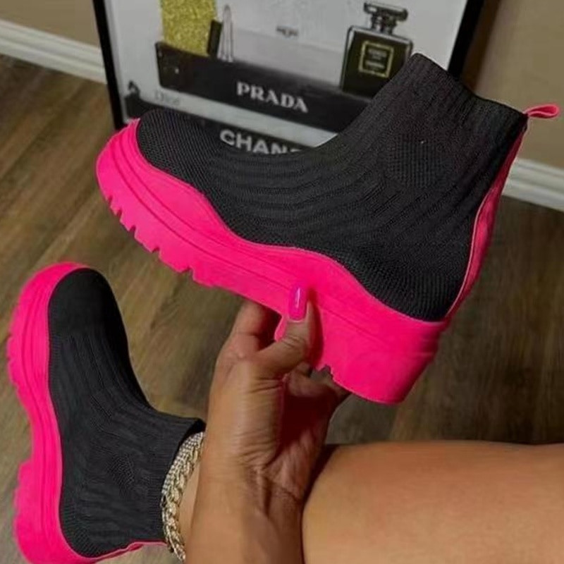 Sieviešu puszābaki, adītas zeķes, bieza zole, sievietes ar kājām, dāmas ikdienas ērtas modes 2023. gada jauni Chelsea zābaki Zapatos De