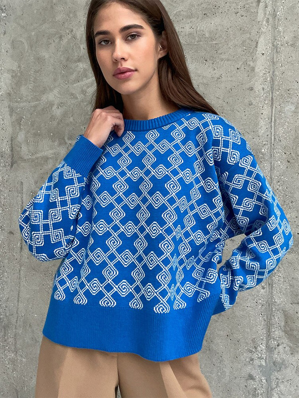 SVOKOR Pleteni puloveri Jacquard O-izrez Debeli pulover Dugih rukava Ležerna majica Jesen Zima Ženska modna odjeća Ulična odjeća