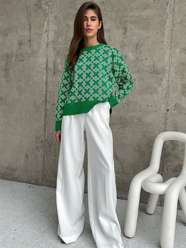 SVOKOR Pleteni puloveri Jacquard O-izrez Debeli pulover Dugih rukava Ležerna majica Jesen Zima Ženska modna odjeća Ulična odjeća