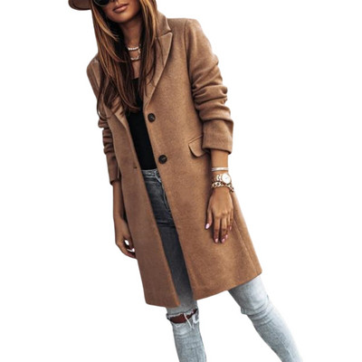 Ležerni Jesen Zima Ženski kaputi Ženski jednobojni dugi rukavi Ovratnik s gumbima Vuneni kaputi Kaputi za žene