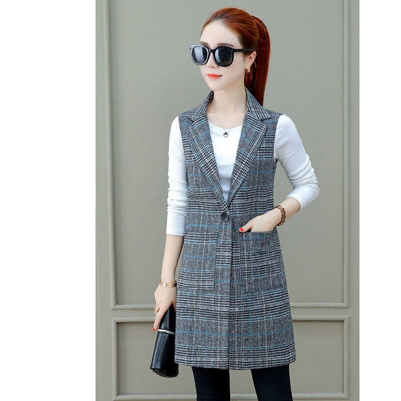7XL Proljeće Jesen Ženska karirana jakna s prslukom Korejski modni rever Tanki dugi kaput bez rukava s džepovima Ležerna vesta Topovi