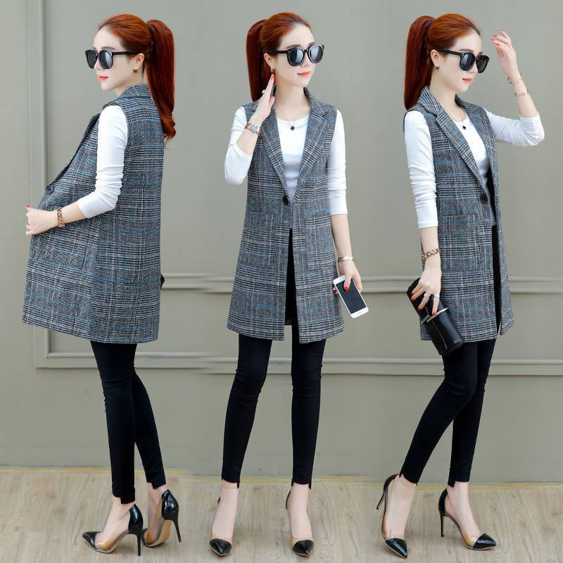 7XL Proljeće Jesen Ženska karirana jakna s prslukom Korejski modni rever Tanki dugi kaput bez rukava s džepovima Ležerna vesta Topovi