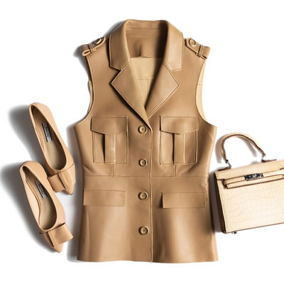 Augstākās klases īstas ādas jaka bez piedurknēm sievietēm, šaurs uzvalks apkakles kabatas Aiguillette veste Mujer eleganta veste