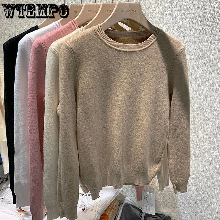 Storas kašmyro megztinis su O formos kakleliu, šilti megztiniai apatiniai marškinėliai, moteriški rudeniniai, šilti megzti korėjietiško stiliaus megztiniai