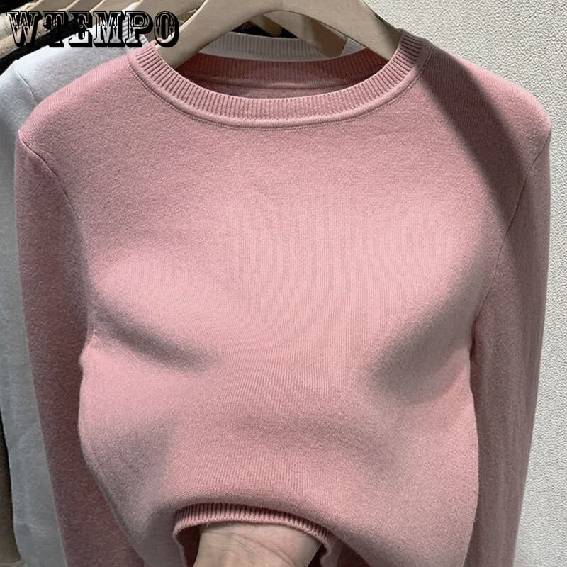 Storas kašmyro megztinis su O formos kakleliu, šilti megztiniai apatiniai marškinėliai, moteriški rudeniniai, šilti megzti korėjietiško stiliaus megztiniai