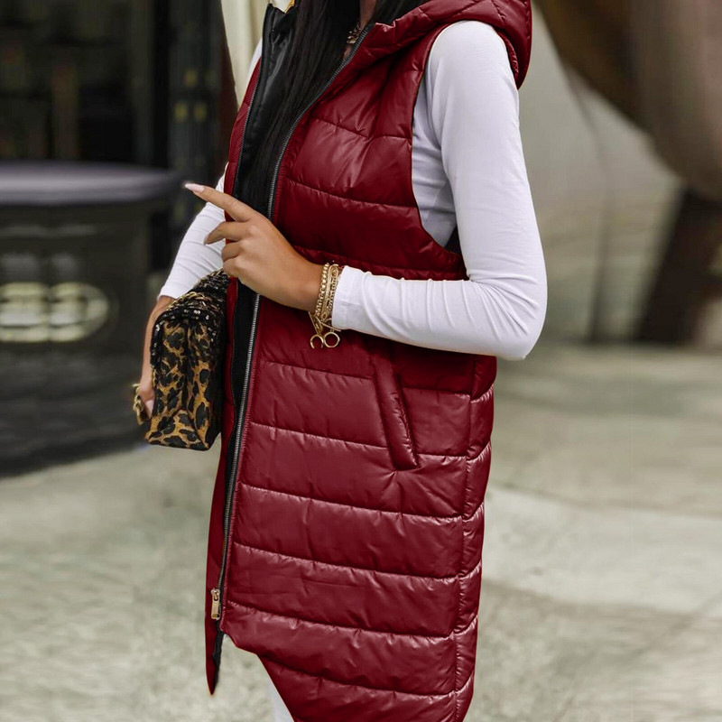 Sieviešu ziemas veste ar kapuci lielizmēra silta ziemas jaka Sieviešu garā veste Parka bez piedurknēm rāvējslēdzēja virsdrēbes veste